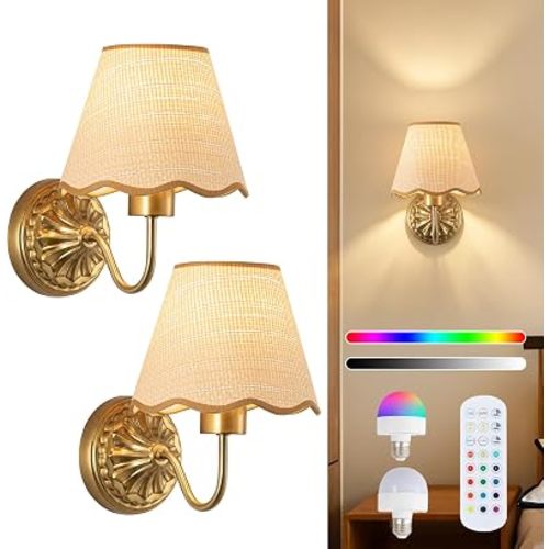 ADISUN Battery Operated Wall Sconce Set of 2, Gold Wall Lamps Rechargeable Bulbs for Living Room, Vintage Base, Boho Shade Wireless Wall Lights for Bedroom Hallway Kitchen(2 Bulbs Included)