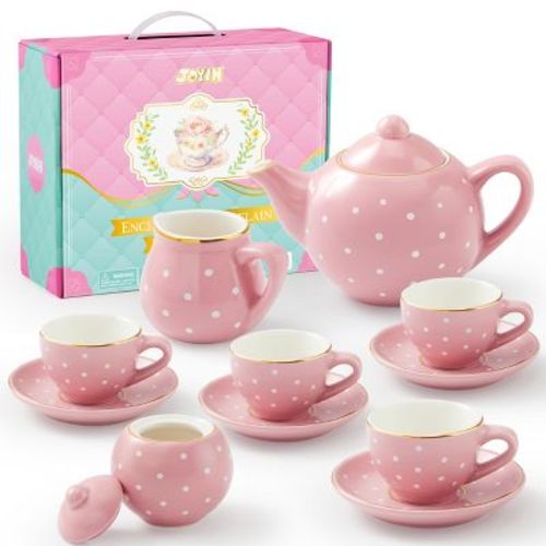Joyfy Porcelain Tea Set for Girls, 12PCS Pink Childs Tea Party Set, Pretend Play Toys for Toddlers Kids Christmas Birthday Gifts Ages 3 4 5 6