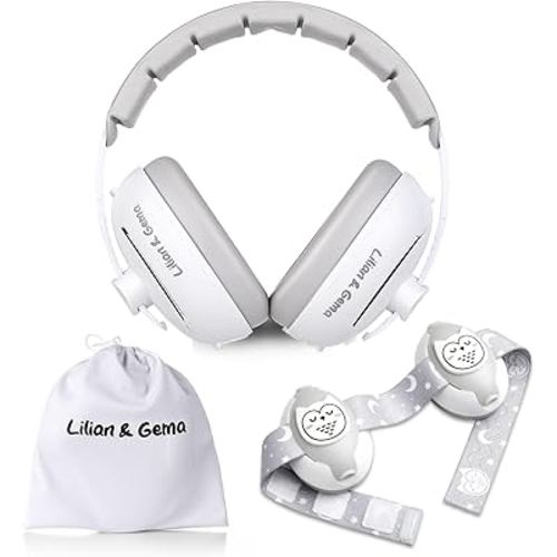 Lilian&Gema 2-in-1 Baby Ear Muffs Noise Protection, Adjustable Headphones with Band, Owls Noise Cancelling Headphones for Babies & Toddler up to 4 Years, Baby Airplane Essentials/Outdoor, White