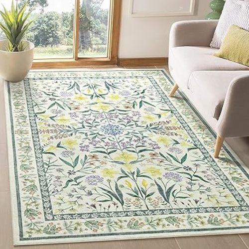 Amearea Floral Area Rugs for Living Room, 5x7 Feet Green Rugs for Bedroom Girls, Cute Kids Room Print Carpet Vintage Low Pile Machine Washable Area Rug, Office Nursery Dining Room Farmhouse Decor