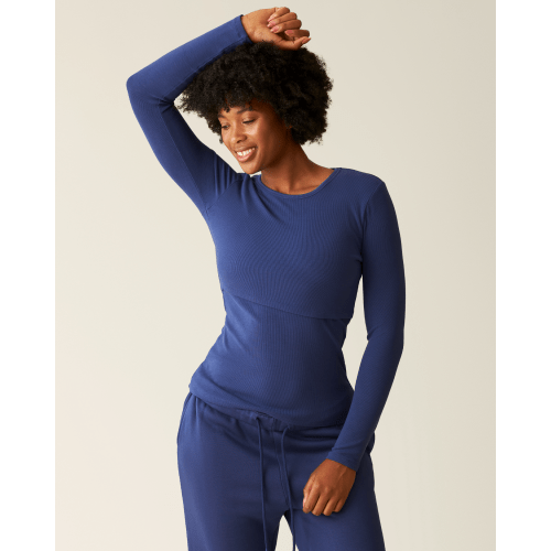 Ribbed Bamboo Long Sleeve Nursing T-shirt | Deep Blue - Kindred Bravely