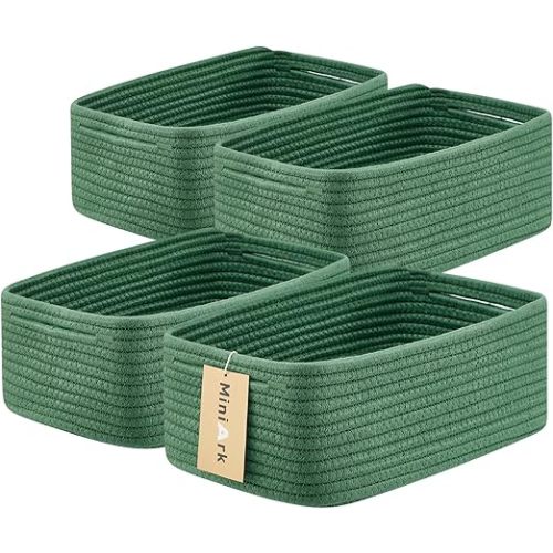 Small Storage Baskets for Organizing | Closet Organizer Bins | Shelf Toy Basket | Woven Rope Baskets | Cube Decorative Box | Shallow Basket | 13x8.5x5.1” | 4 Packs Green