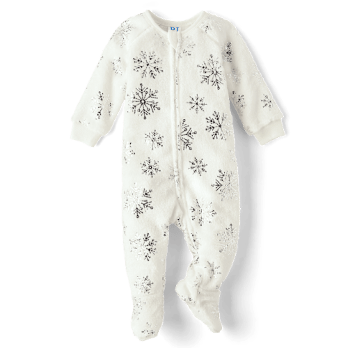 Baby And Toddler Girls Foil Snowflake Fleece Footed One Piece Pajamas - White