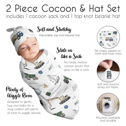 Sweet Jojo Designs Construction Truck Boy Baby Cocoon and Beanie Hat Sleep Sack 2pc Set- Grey Blue Green Transportation Vehicles