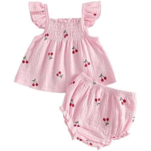Mubineo Baby Girl Summer Clothes Cute Basic Plain Cotton Linen Ruffle Tops Dress Shorts Outfits Set Shirt Princess Outfit