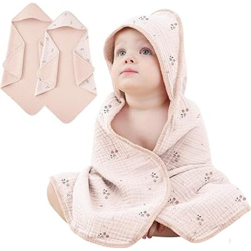 Susurration 2 Pack Baby Hooded Towels, 100% Cotton Soft and Absorbent Muslin Baby Bath Towel for Newborn, Infant, Girls, Boys, Baby Essentials