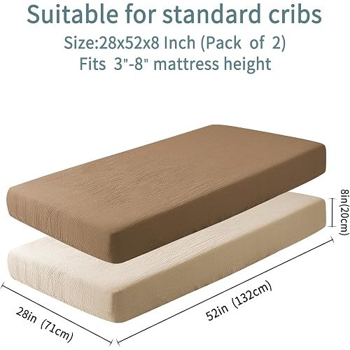 GUNTAIL Muslin Crib Sheets for Boys Girls 100% Cotton Fitted Baby Crib Sheet 2 Pack Soft and Breathable for Standard Crib Mattress & Toddler Mattress 52x28in (Beige & Coffee)