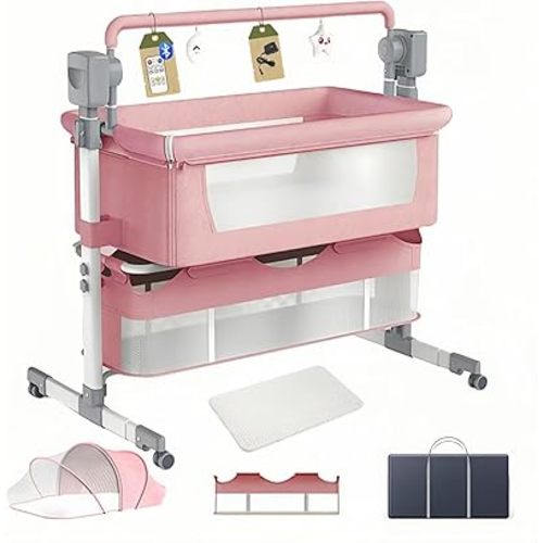 Electric Bluetooth Smart Bassinet for Co-Sleeping, Convertible and Portable Baby Bedside Crib, Foldable Newborn Bedside Bed, Toddler Cradle with Mattress and Remote Control(601 Pink