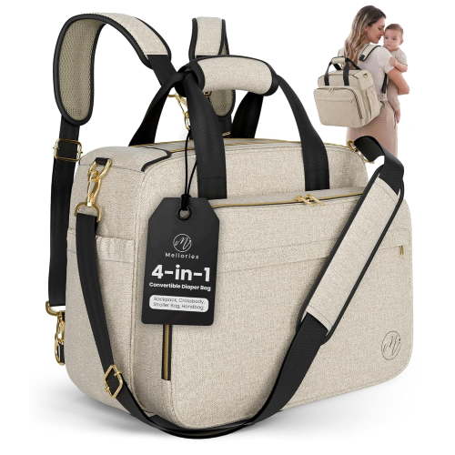 4 in 1 Convertible Diaper Bag Tote for Baby Boys and Girls - Converts into Diaper Backpack, Baby Tote, Stroller and Crossbody Diaper Bag - Beige Baby Travel Bag - Gift for Mom