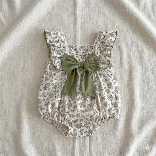 Sage Bow Floral Baby Girl Romper, Ruffle Strap Bubble Outfit