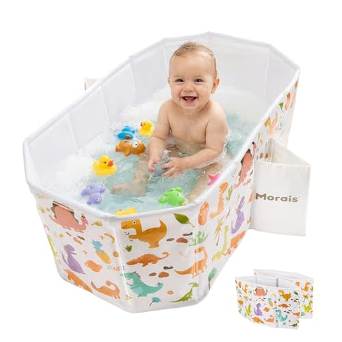 MORAIS Toddler Bathtub Collapsible & Portable, Foldable Baby Bath Tub for Shower & Travel, Dual Drain Plug with Thick Padded Bottom, Easy to Clean, Space-Saving Tub, 12 Months+