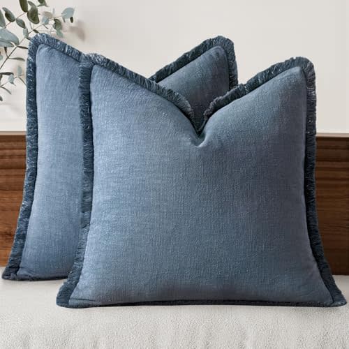 MIULEE Boho Linen Fringe Decorative Throw Pillow Covers Blue Ashes 18x18 | Set of 2, Cottagecore Decor, Boho Farmhouse Coastal Pillow Covers, Rustic Couch Cushion Cases for Sofa Bed Living Room