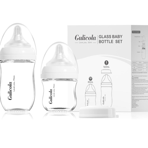 0-3 Months Gulicola Natural Glass Baby Bottle Newborn Set, 3 oz and 5 oz with Extra Slow Flow & Slow Flow Nipple, Anti Colic, 2 Pack - White