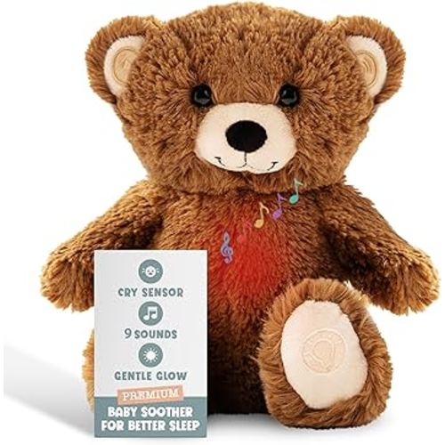 Gemma Joy Baby Sleep Soother Brown Bear for Baby – Cry Activated Heartbeat Stuffed Animal – Rechargeable Crib Soother with White Noise, Shush, Lullabies & Night Light – Newborn Essentials Must Haves