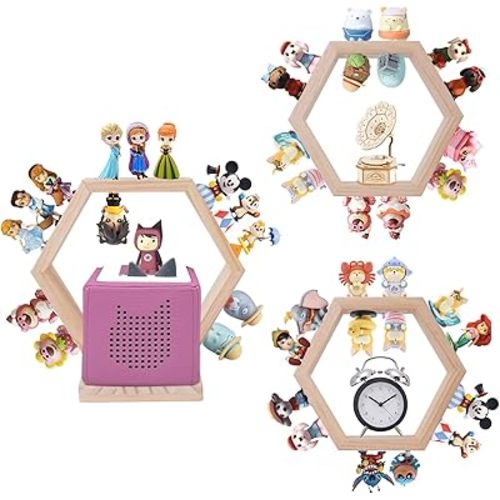Hexagon Tonie Shellf for Toniebox Starter Tonie Shelf Wall Mounted Set of 3, Magnetic Wooden Floating Shelves Compatible with Tonie Box Player Tonie Figures Storage Tonie Shelvies