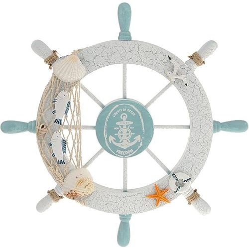 Rienar Nautical Beach Wooden Boat Ship Steering Wheel Fishing Net Shell Fish Home Wall Décor(11" Diameter)