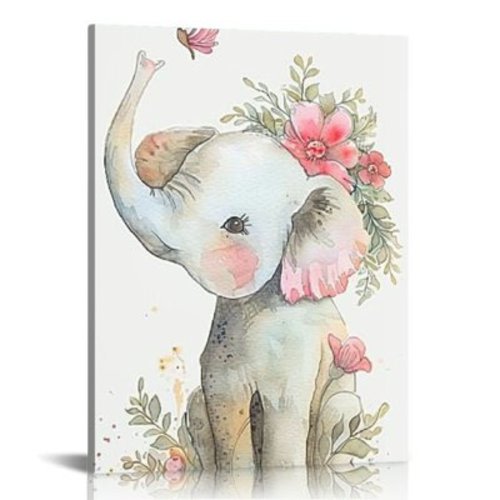 ARISTURING Cute Elephant with Flowers Poster and Print Pink Nursery Wall Art Nordic Cartoon Canvas Painting Baby Bedroom Decorative