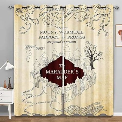 Marauder's Map Blackout Curtains 84 inches Long for Bedroom, Witchy Magical Vintage Map Castle Wizard Window Drapes, Thermal Insulated Room Darkening Grommet Curtains, Beige, 52Wx84L, 2 Panels