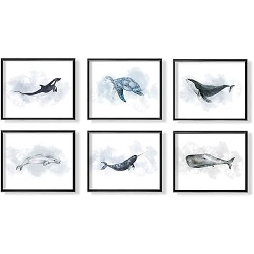 Watercolor Whale Dolphin Turtle Tortoise Posters Print - Modern Sealife Ocean Themed Light Blue Picture - Baby Teen Boy Girl Bedroom Art Wall Decor - Nautical Beach Pictures Lake House Bathroom Summer