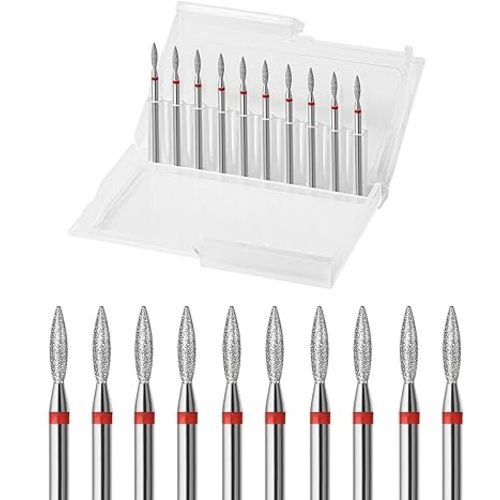 10pcs Diamond Flame Cuticle Drill Bits Set, Professional Cuticle Nail Drill Bits for Dead Skin 3/32'' Nails Dry Manicure Pedicure Shape Remove Nail Salon Tools(Fine-F)