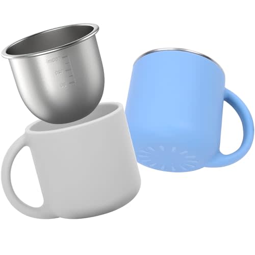 2-IN-1 Open Toddler Cups, Stainless Steel Baby Cup + Silicone Training Cup for Toddlers Kids Babys, No Plastic | No Soap Smell | Shock-Proof Feeding Essentials, 2-Pack Blue/Gray