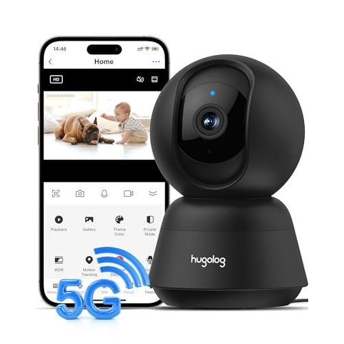 Hugolog 3K 5MP Indoor Pan/Tilt Security Camera with Auto-Focus,2.4 GHZ/5 GHZ,Ideal for Baby Monitor/Pet Camera,Starlight Color Night Vision,Human/Pet AI,Two-Way Audio,US Cloud,Compatible with Alexa