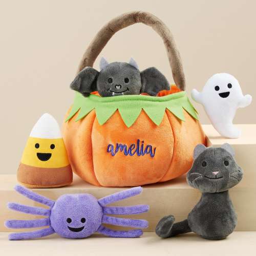 Personalized Plush Pumpkin Playset – Embroidered Halloween Baby Toy Set – Custom Toddler Gift with Plush Bat, Ghost & Candy