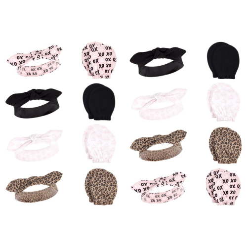 Hudson Baby Infant Girl 16Pc Headband and Scratch Mitten Set, Black Xoxo, 0-6 Months