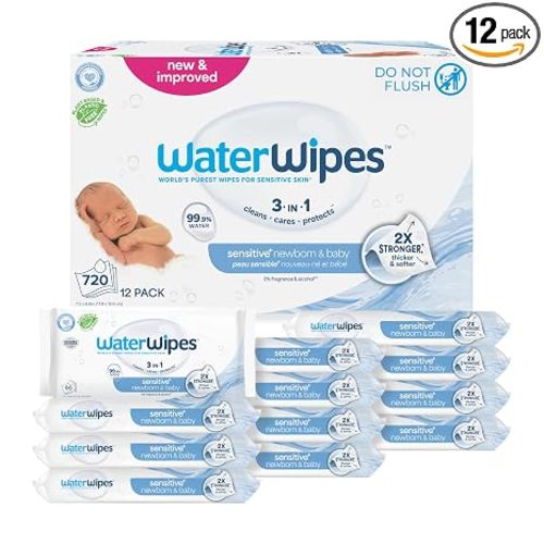 WaterWipes Sensitive+ Newborn & Baby Wipes, 3-In-1 Cleans, Cares, Protects, 99.9% Water, Unscented & Hypoallergenic, 720 Count (12 Packs)