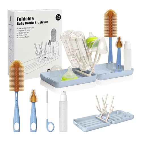 YOTIME Travel Bottle Brush, Travel Bottle Cleaner Kit with Foldable Bottle Drying Rack, for Visit Friends and Relations, Baby Travel Essentials, BPA Free, Blue