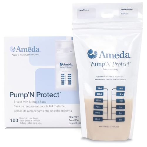 Ameda Pump'N Protect Breastmilk Storage Bag 6oz | 100 Count | Breast Milk Storage Bags for Refrigerator or Freezer | BPA Free | Breastfeeding Essentials | Breastfeeding Supplies