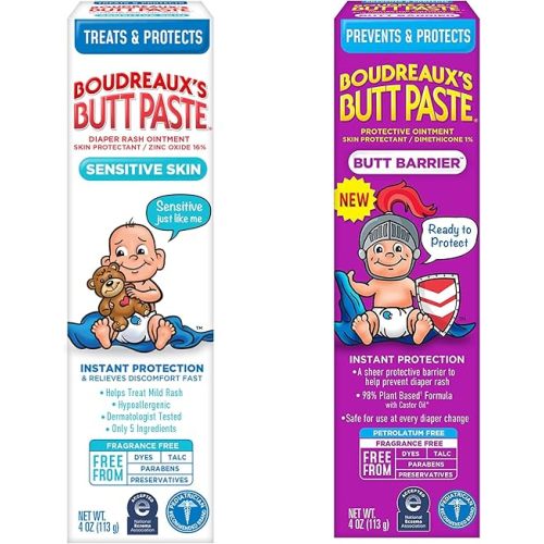 Boudreaux's Butt Paste 4oz Butt Barrier Ointment and 4oz Sensitive Skin Diaper Rash Ointment