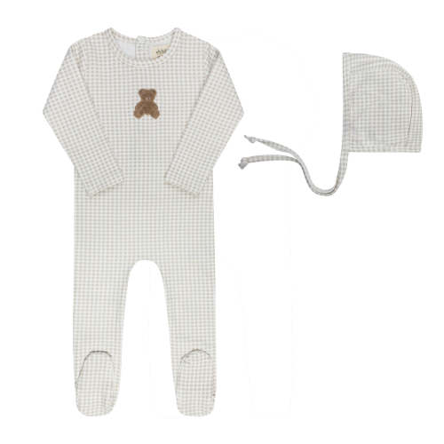 Baby Boy Footie & Bonnet – Tan – Gingham Teddy | Ely's & Co – Ely's & Co.