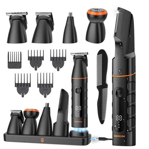 Manscape All-in-One Body & Pubic Hair Trimmer for Men, V-Shaped No-Nick Groin & Ball Shaver, Waterproof Mens Electric Grooming Kit with LED Display, Type-C Rechargeable , Charging Dock