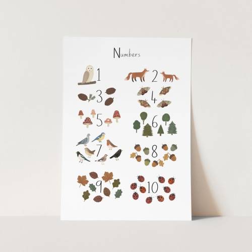 Woodland Numbers print in white, number poster, nursery art, perfect baby gift or nursery decor