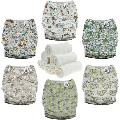 Mama Koala 3.0 Pocket Cloth Diapers for Babies with AWJ Lining, 6 Pack with 6 4-Layer Natural Cloth Diaper Inserts - Reusable and Washable Pocket Diapers(Cute Dinosaurs)