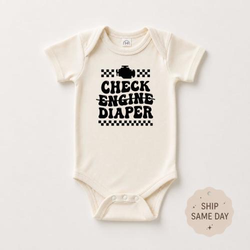 Check Engine Diaper Baby Onesie - Funny Car Theme Bodysuit, Cute Newborn Outfit, Mechanic Baby Clothes, Baby Shower Gift