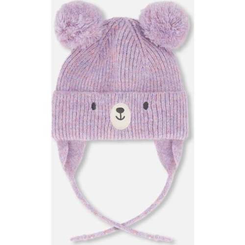 Lined Baby Knit Hat with Pompoms, Purple Gray