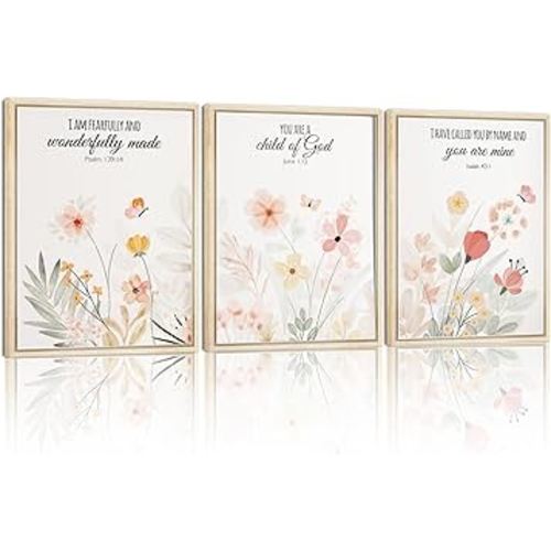 3pcs Framed Floral Wall Art Pieces, Christian Art, Bohemian Wall Decorations, Inspirational Bible Verse Canvas Paintings, Wildflower Patterns, For A Girl'S Room And Living Room, 16x24 Inch