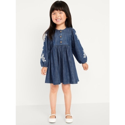 Long-Sleeve Embroidered Jean Dress for Toddler Girls