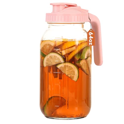 Mihlapi Glass Pitcher with Lid, 64 OZ Mason Jar Pitcher Double Leak Proof, 2 Quart Breast Milk Storage Containers for Fridge, Wide Mouth Glass Jar for Sun Tea, Juice, Cold Brew Coffee
