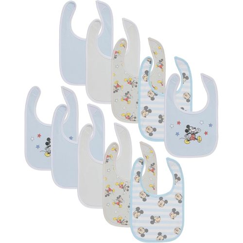 Disney 10-Pack Mickey Mouse Baby Bibs – Ten Soft, Absorbent, and Adjustable Cotton Bibs for Mess Free Meals