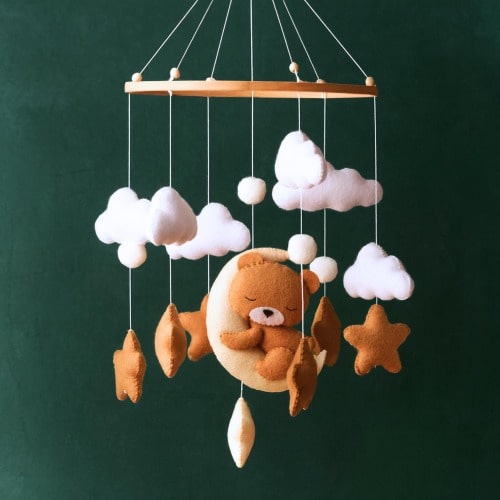 Neutral Bear Baby Mobile, Cloud Crib Mobile, Nursery Mobile Baby, Woodland Baby Mobile, Cot Mobile, Baby Nursery Room Decor, Crochet Mobile