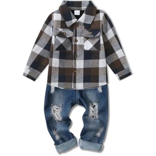 WESIDOM Toddler Boy Clothes Long Sleeve Collar Plaid Shirts Jacket Ribbed Jeans Pants Sets 1-6T Boys Fall Outfits