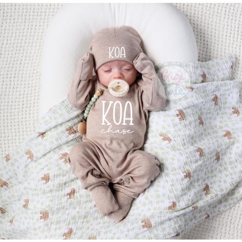 Personalized Baby Boy Coming Home Outfit, Cotton Blend Romper & Hat