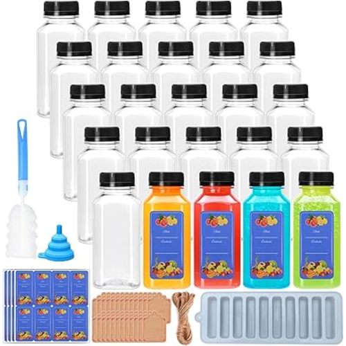 25 Pack 8oz Plastic Juice Bottles with Caps,Clear Drink Containers with Lids,Reusable Clear Bulk Beverage Containers for Juice, Smoothies, Ginger, Tea, Coffee and Other Beverages
