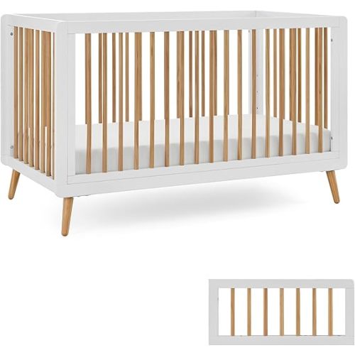 Tatum 3-in-1 Convertible Crib, White/Natural Finish, Solid Wood, Adjustable Mattress Height, Converts to Toddler Bed & Daybed, Fits Standard Full-Size Crib Mattress