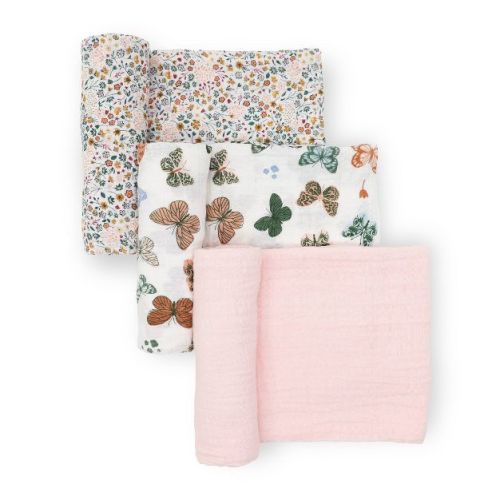Little Unicorn Cotton Muslin Swaddle Blankets - Butterflies - 3pk: Cotton, 47" x 47", Botanical, Abstract