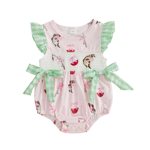 Honganda Baby Girl Summer Fishing Outfit Ruffle Sleeve Fishing Embroidery Romper with Bow Decor Infants One-Piece Clothes