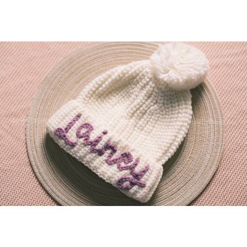 Personalized Knit Pom Pom Beanie: Embroidered Kids Headwear
